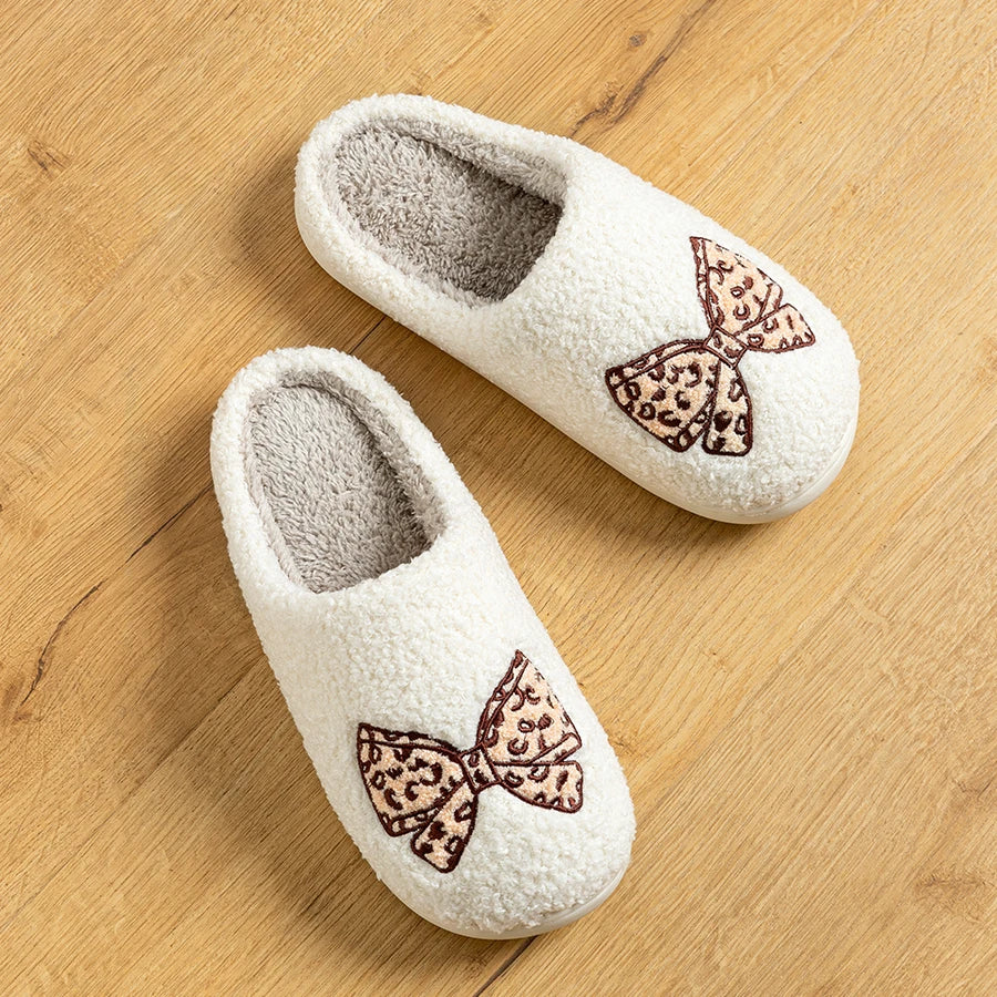 Women's Bow Slippers Warm Pattern Winter Indoor Soft Sole Home Cute Classic Embroidered Comfy casual Fuzzy Bedroom Girls Shoes