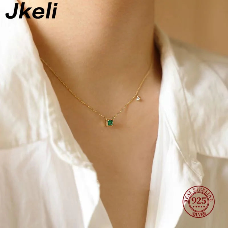 Sterling Silver Simple Emerald Crystal Chain Necklace  Women Light Luxury Temperament Plating 14k Gold Jew  New style