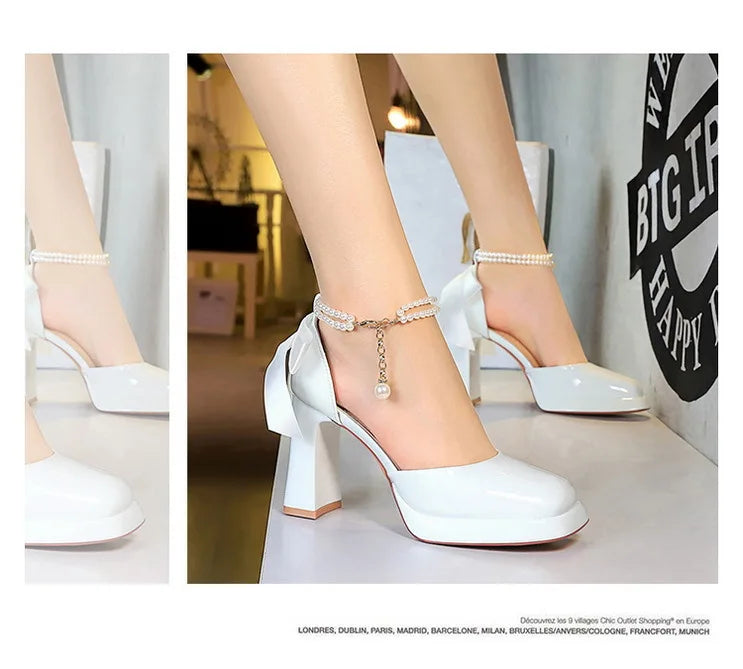 Square Toe Sandals Women 9CM Thick High Heel Summer Party Dress Shoes With White Bowknot Ankle Pearl Chain Platform Ladies Shoes