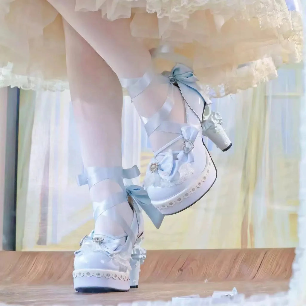 Original Sweet Lolita High Heels Fairy Style Japanese Cosplay Women Leather Shoe 5cm Design Bow Rhinestone Street Shoes Y2k