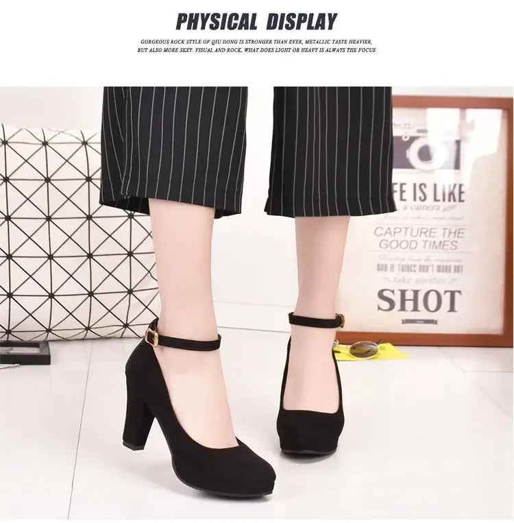 Spring Women Pumps Flock Sweet Thick High Heels Ankle Strap Female Platform Classic Round Toe Dress Cute Shoes Ladies Footwear