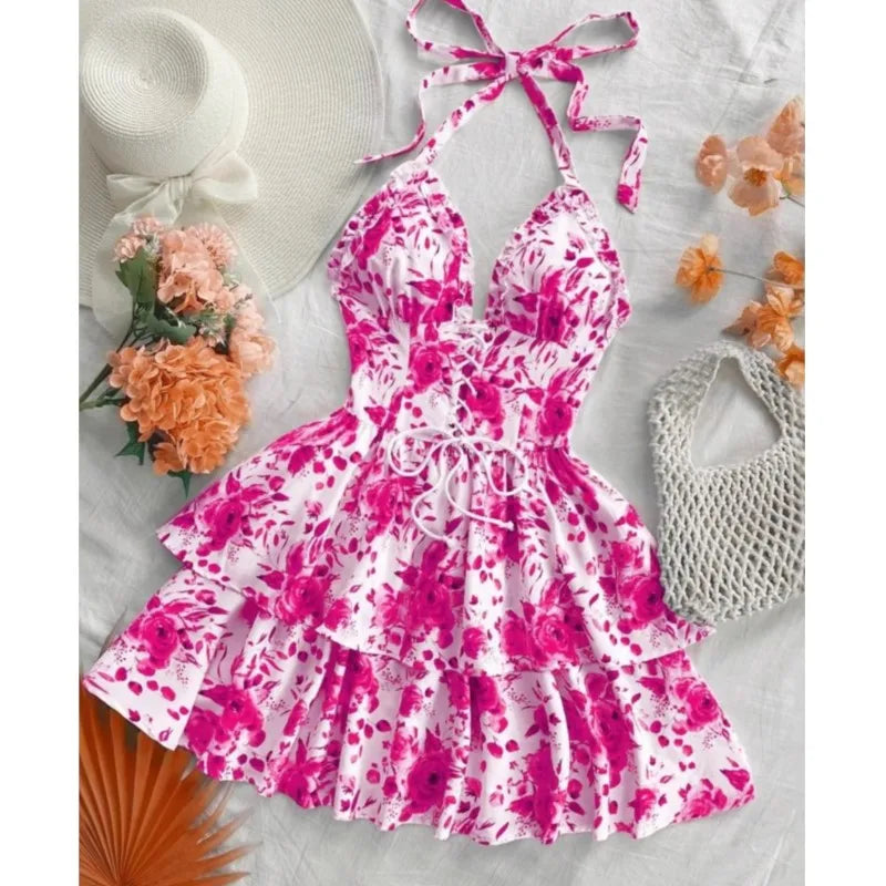 Women Vacation Style Retro Short Dresses Fashion Watercolor Rose Print Halter Lace-up Ruffled Decorative Dress 2025 Sexy Vestido