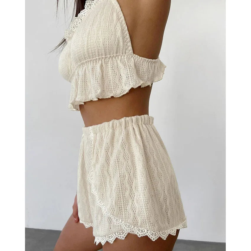 Women's Nightwear Set Sexy Lace-Trimmed Camisole Top with Cutout Details and Shorts Women's Loungewear