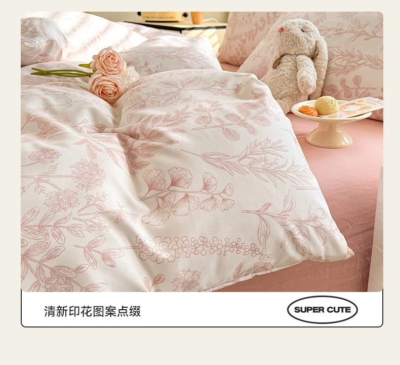 Bonenjoy Pink Flower Duvet Cover Sets Washed Polyester Super Soft Bed Cover Sets Single/Queen/King Quilt Cover with  Pillowcase