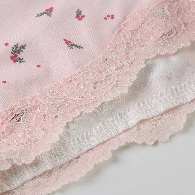 Women Sleepwear Pink Floral Lace Patchwork Two-piece Pajamas Set Sleeveless Camisoles and Slim Cute Shorts Loungewear