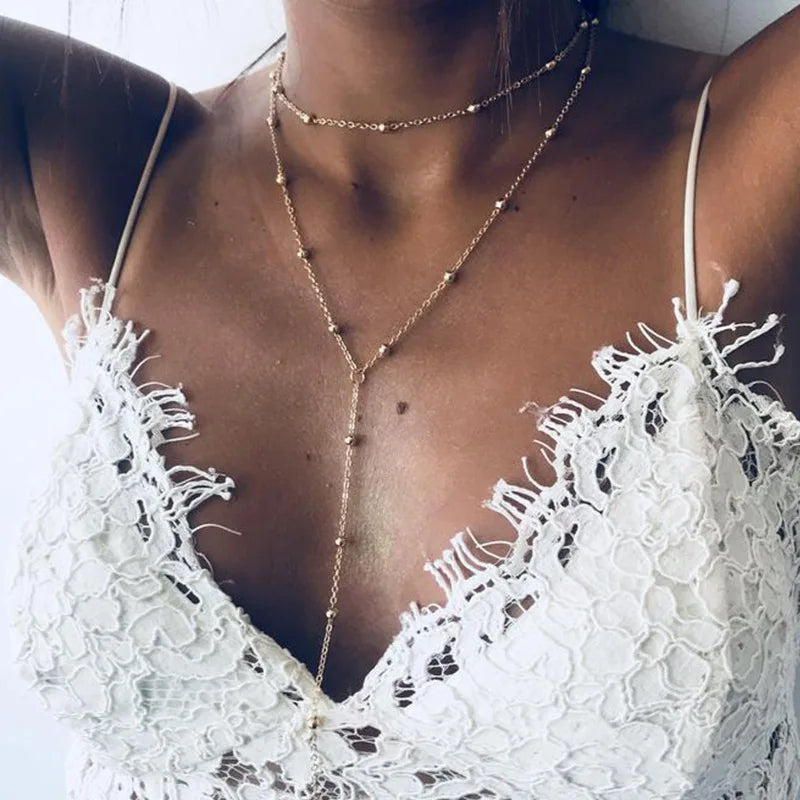 Gold Plated Lariat Necklace for Women Double Laryer Long Chain Drop Pendant Choker Necklaces Fashion Gifts
