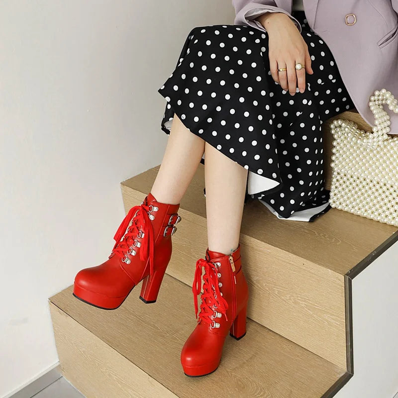 Winter Pink White Red Platform Ankle Boots Women High Chunky Heel Party Dress Lady Buckle Zipper Platform Short Motorcycle Boots