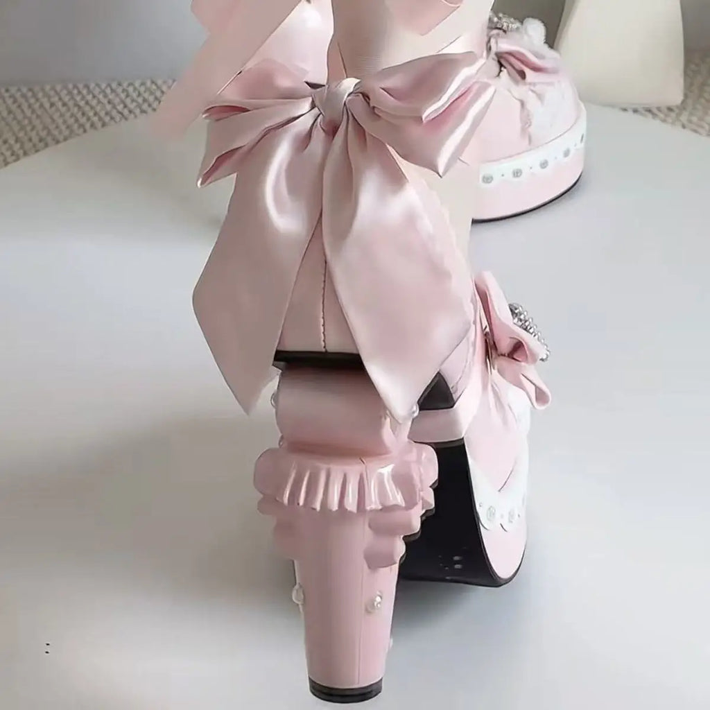 Original Sweet Lolita High Heels Fairy Style Japanese Cosplay Women Leather Shoe 5cm Design Bow Rhinestone Street Shoes Y2k