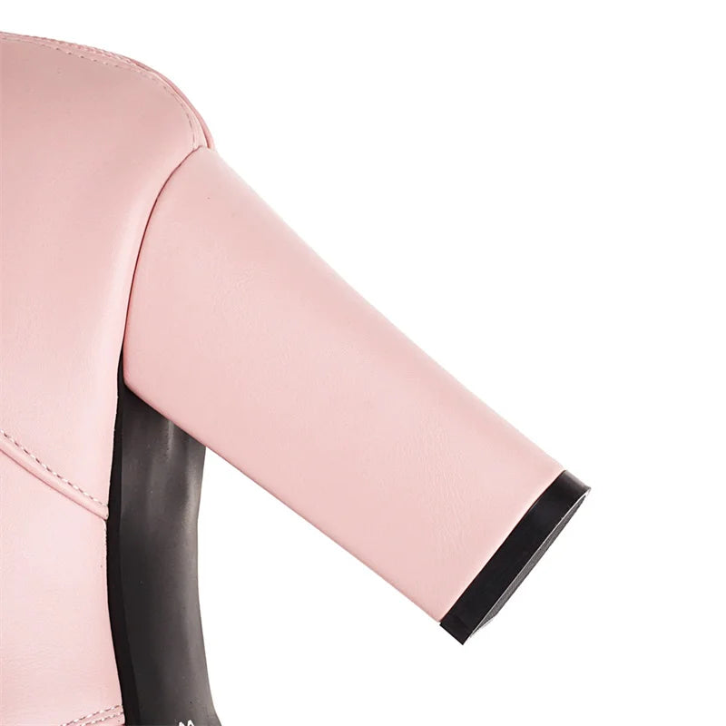 Winter Pink White Red Platform Ankle Boots Women High Chunky Heel Party Dress Lady Buckle Zipper Platform Short Motorcycle Boots