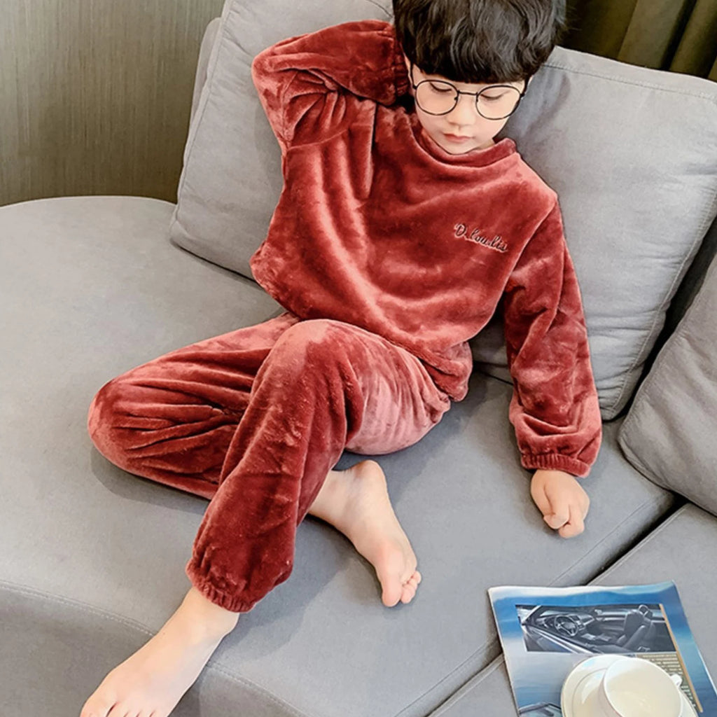 Kids Pajamas Long Sleeve Lounge Wear Soft Flannel Sleepwear Cozy Pullover Tops Warm Trousers Girl Boy Nightwear Home Outfit Set