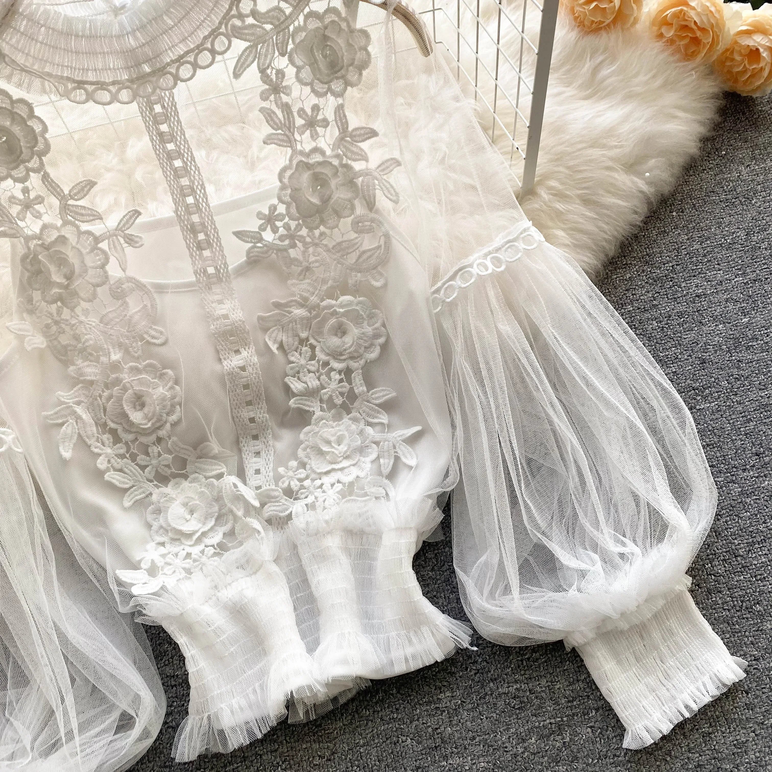 Lace Puff Long Sleeve Blouse Vintage Fashion Blouses Elegant Femme Blusas Korean Woman Tops Women Shirts Clothing Dropshipping