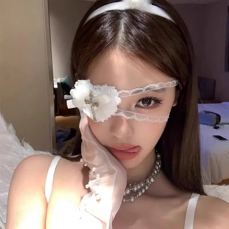 Vintage Punk Heart Bow Cross Eye Mask for Women Lolita Eye Patch Gothic Cosplay Decoration Lace Eyewear Leg Chain Accessories