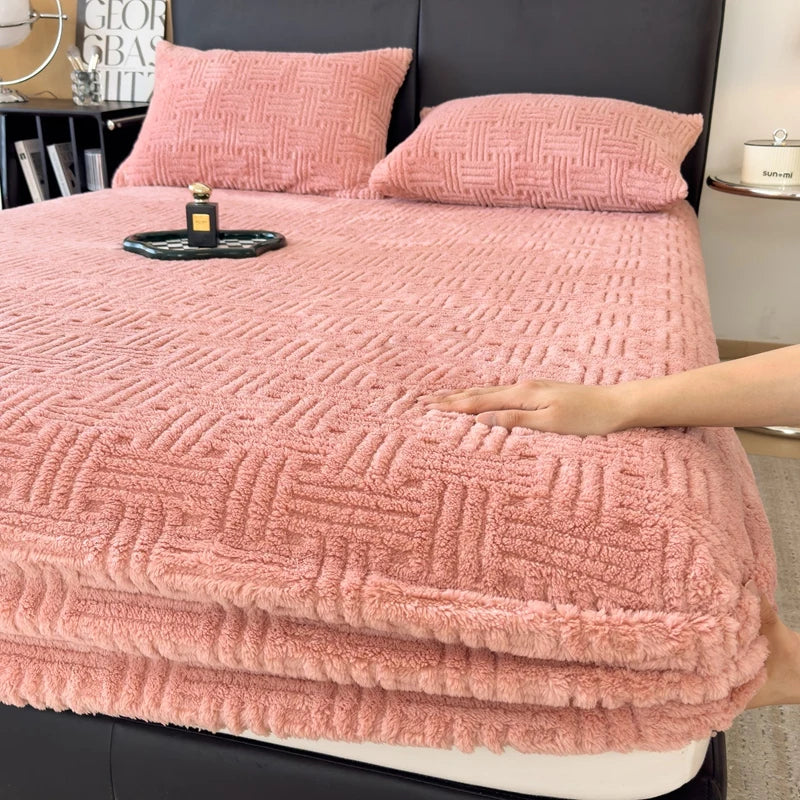 Winter Embossed Plush Fitted Sheet Soft Warm Coral Velvet Mattress Protector Cover Queen Size Deep Pocket Elastic Bed Sheet Set