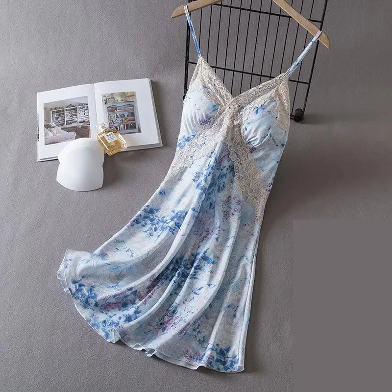 Women Lace Chemise Nightgown Dress Summer New Silky Satin Sleepwear Dressing Gown Lingerie Sexy Strap Nightdress Loungewear