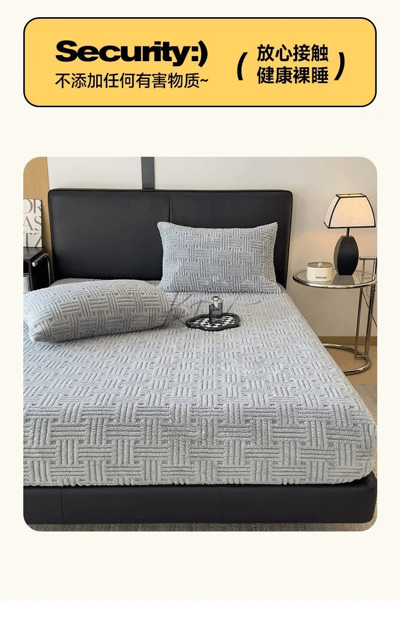 Winter Embossed Plush Fitted Sheet Soft Warm Coral Velvet Mattress Protector Cover Queen Size Deep Pocket Elastic Bed Sheet Set
