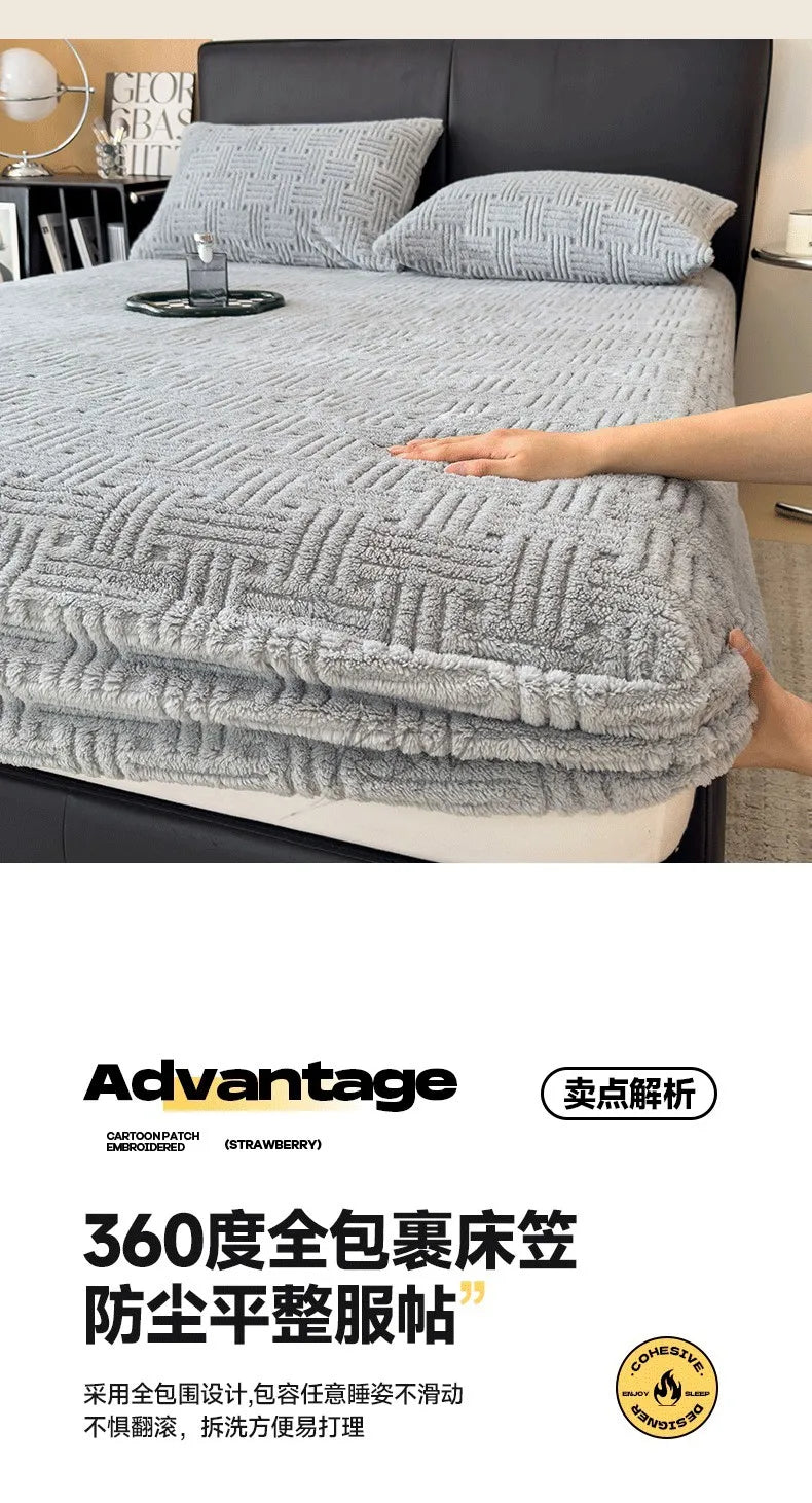 Winter Embossed Plush Fitted Sheet Soft Warm Coral Velvet Mattress Protector Cover Queen Size Deep Pocket Elastic Bed Sheet Set
