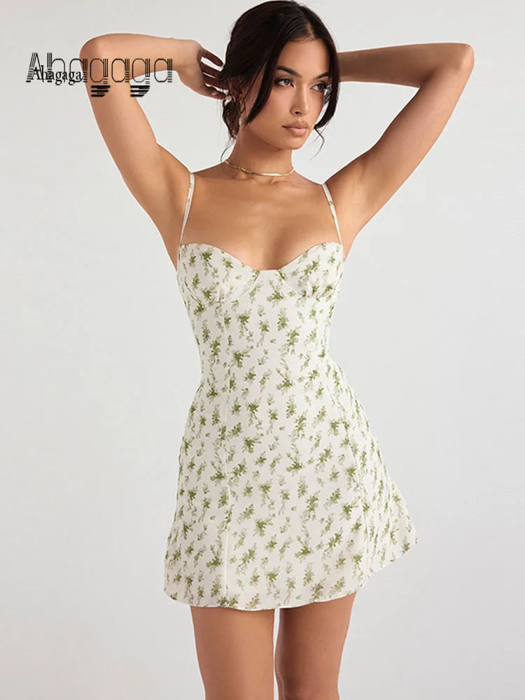 Ahagaga Fashion Sexy Flower Printed Women Short Dresses Streetwear Regular Casual Strapless Sleeveless Slim Sheath Vestidos Robe