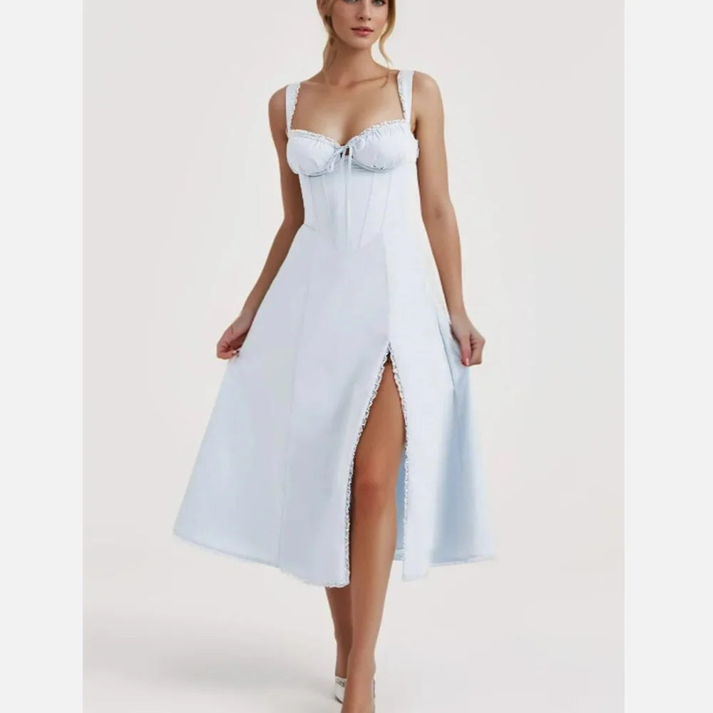 2024 Sexy Sky blue Splice Lace Bow Ruched Chest Corset Style Sling Dress Cross Bandage Lacing Up Back Hem Slit Midi Robe Women