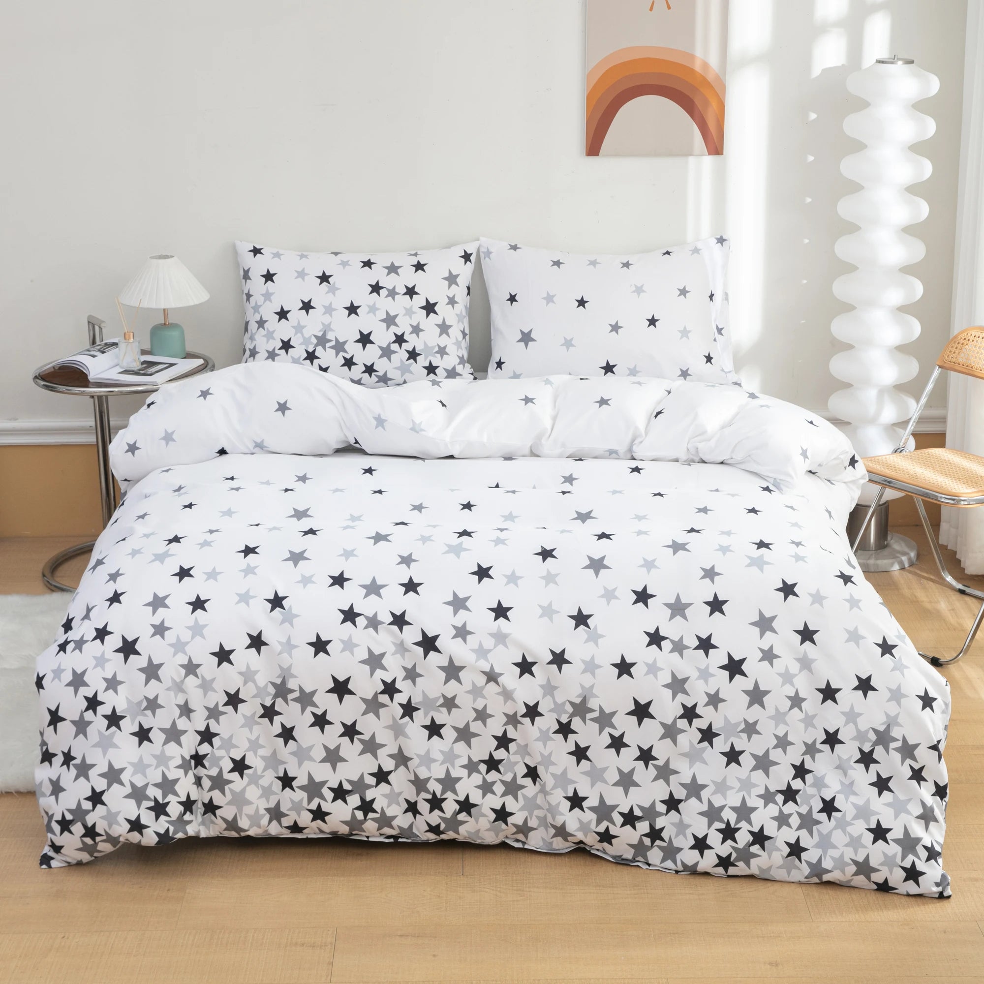 2 Pillowcases + 1 Duvet Cover, Polyester Fiber Star Print White Bedspread 3-Piece Set, Ultra-Soft and Comfortable Polyester Breathable Bedding Duvet Set, Suitable for Bedroom and Guest Room (Bedspread + Pillowcases, Without Q