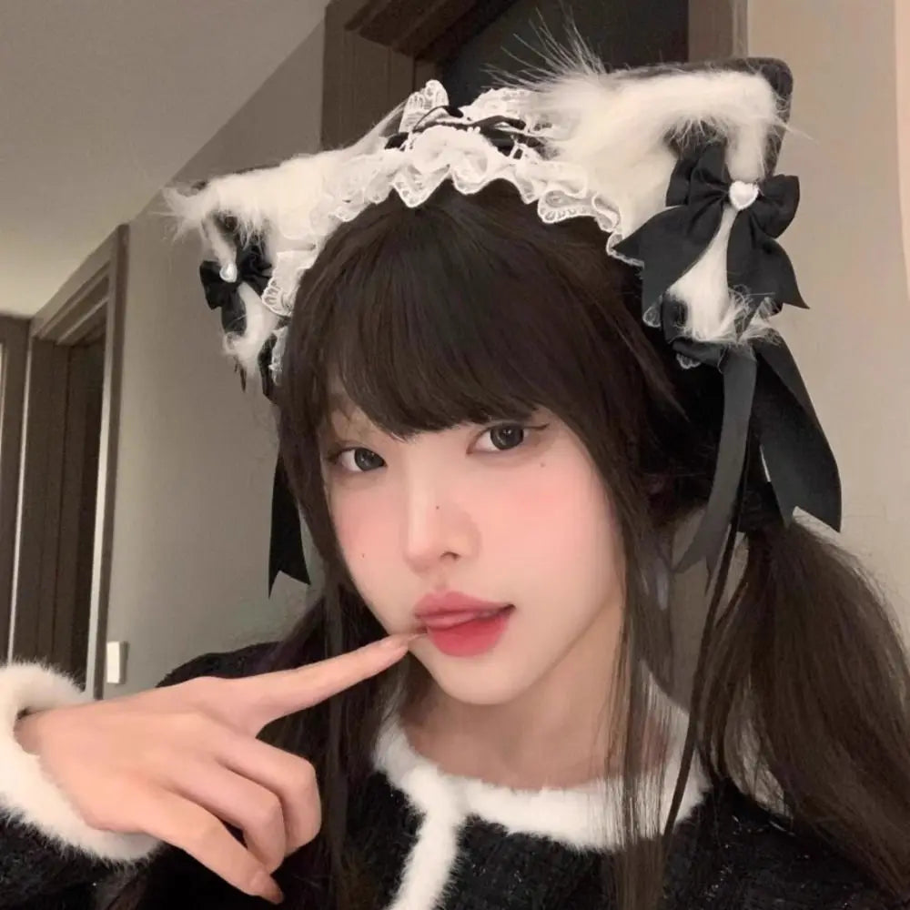 New Lolita Cat Ears Headband Lace Cosplay Head Wrap Bow Headdress Women