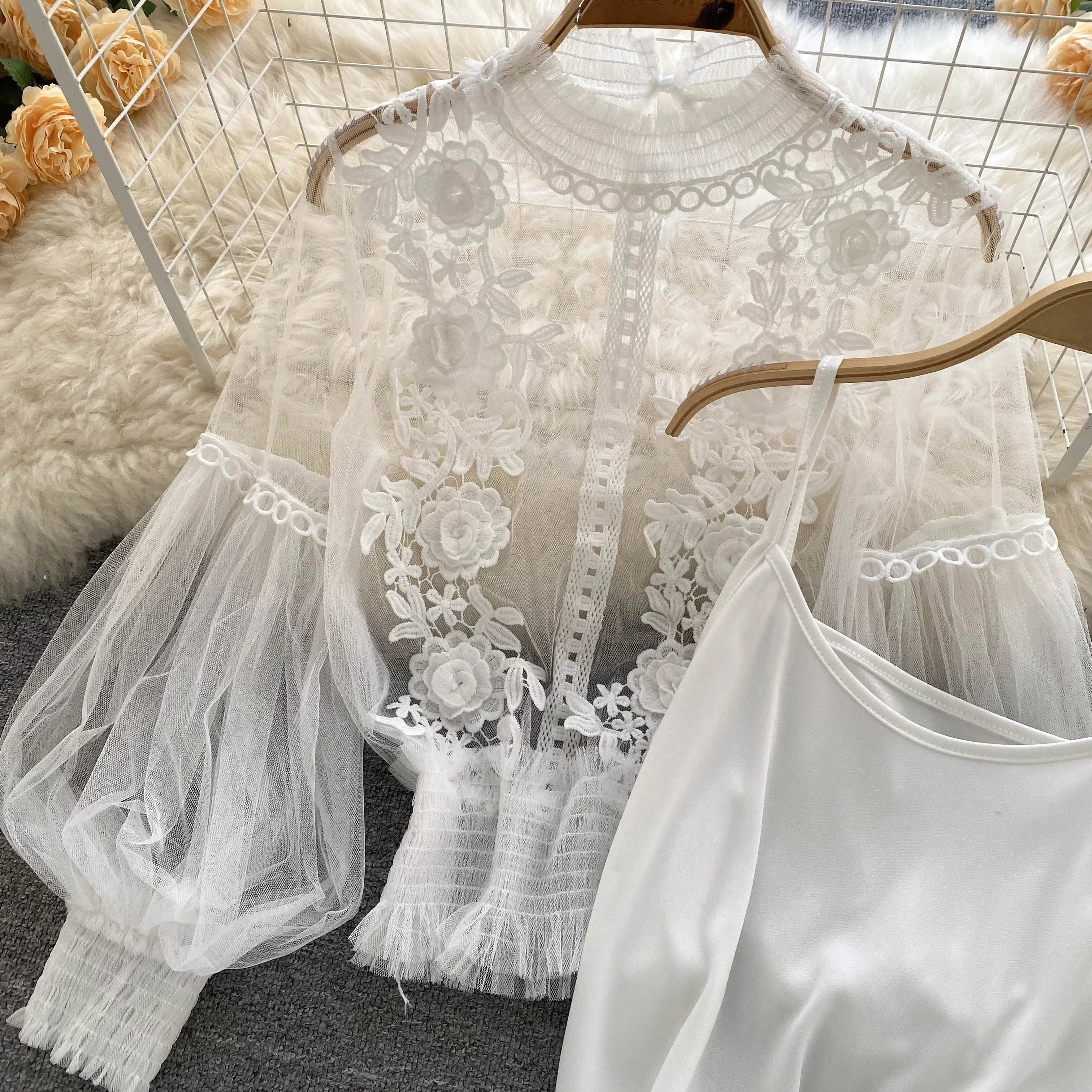 Lace Puff Long Sleeve Blouse Vintage Fashion Blouses Elegant Femme Blusas Korean Woman Tops Women Shirts Clothing Dropshipping