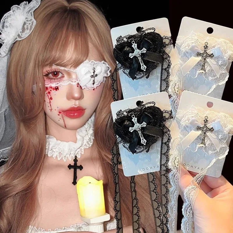 Vintage Punk Heart Bow Cross Eye Mask for Women Lolita Eye Patch Gothic Cosplay Decoration Lace Eyewear Leg Chain Accessories
