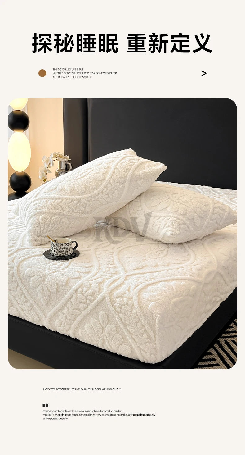 European Style Jacquard Taffeta Fitted Sheet Winter Warm Soft Plush Mattress Protector with Deep Pockets Floral Queen Bed Sheets