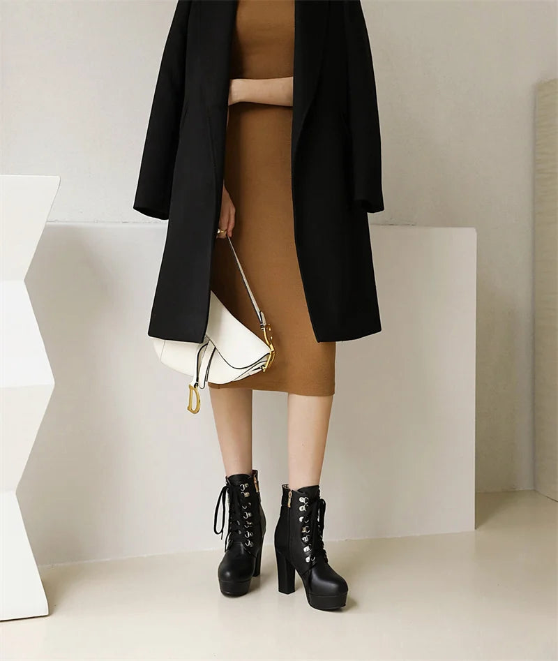 Winter Pink White Red Platform Ankle Boots Women High Chunky Heel Party Dress Lady Buckle Zipper Platform Short Motorcycle Boots