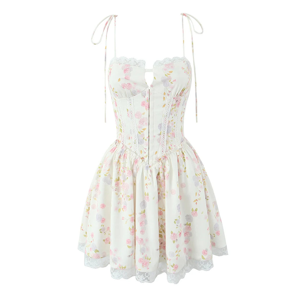 YENKYE Sexy Elegant Women Lace Patchwork Floral Print Sling Mini Dress Low Waist A-line Summer Holiday Party Dresses Pretty Robe