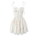 YENKYE Sexy Elegant Women Lace Patchwork Floral Print Sling Mini Dress Low Waist A-line Summer Holiday Party Dresses Pretty Robe