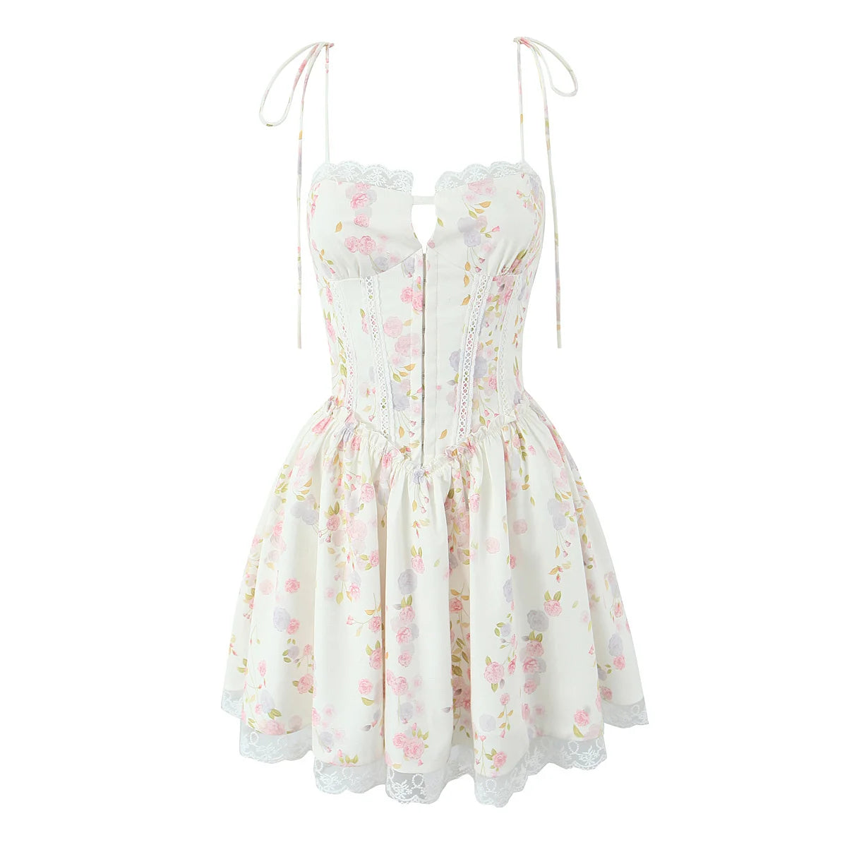 YENKYE Sexy Elegant Women Lace Patchwork Floral Print Sling Mini Dress Low Waist A-line Summer Holiday Party Dresses Pretty Robe