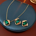 Green Fashion Wedding Jewelry Set Square Earring Retro Light Luxury Temperament Collarbone Chain Necklace