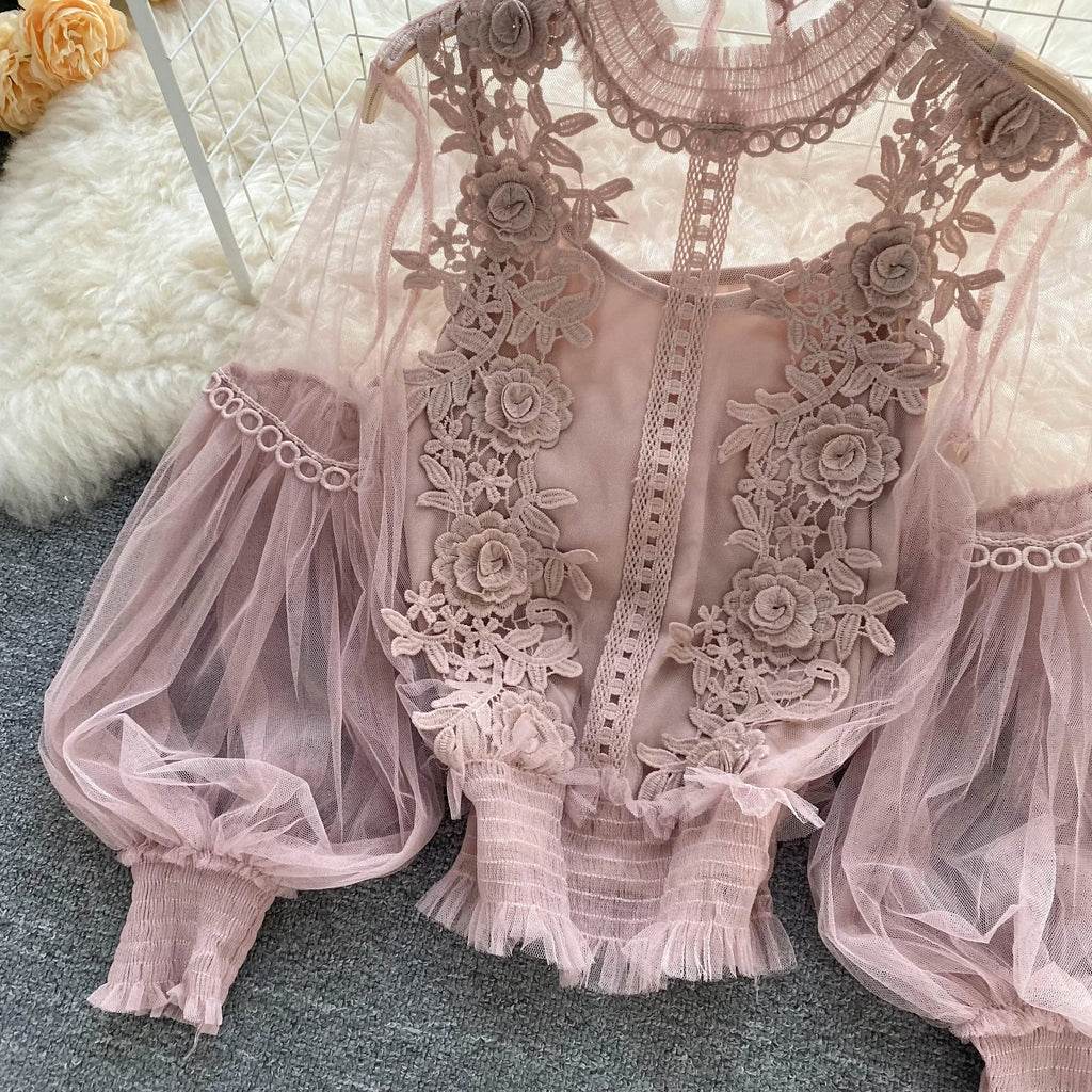 Lace Puff Long Sleeve Blouse Vintage Fashion Blouses Elegant Femme Blusas Korean Woman Tops Women Shirts Clothing Dropshipping