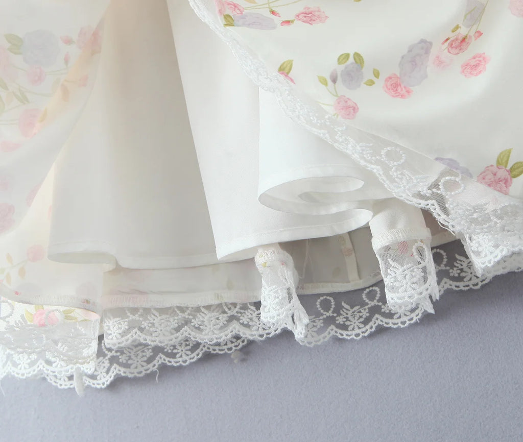 Summer 2025 Women Lace Spliced Floral Print Sling Mini Dress Low Waist A-line Sexy Elegant Party Dresses Holiday Robe