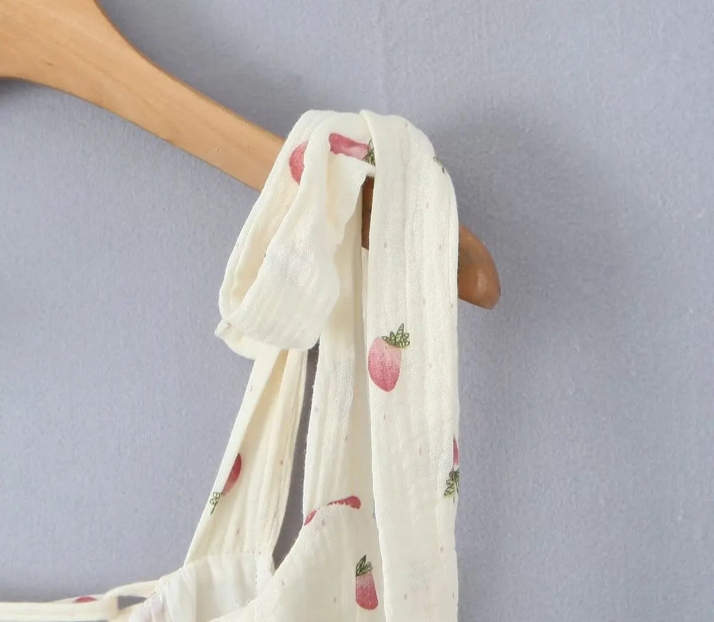 Women Sexy Beige Strawberry Tie Bow Strap Dress Cross Lacing Up Back Slim Waist Wood ears Swing Cake Mini Robe Vestidos