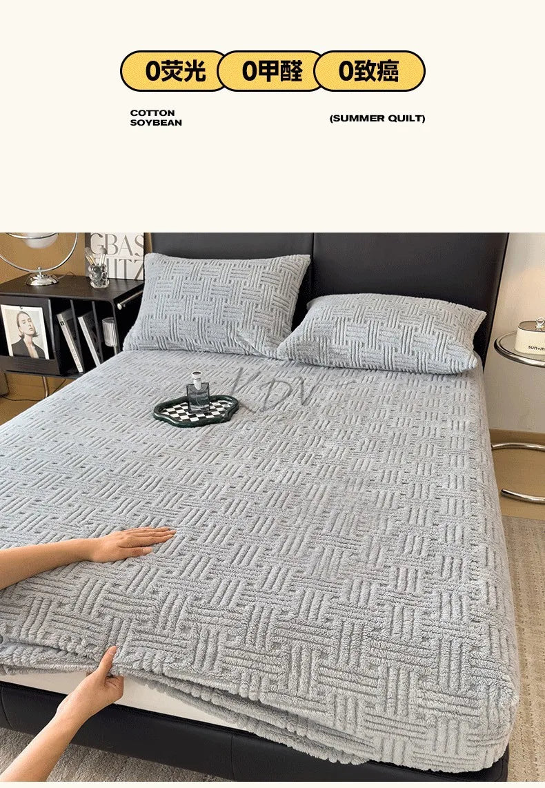 Winter Embossed Plush Fitted Sheet Soft Warm Coral Velvet Mattress Protector Cover Queen Size Deep Pocket Elastic Bed Sheet Set