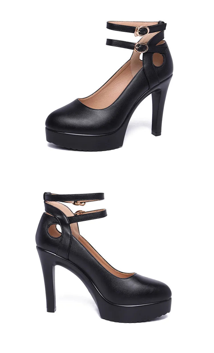 11cm Small Size 32-43 Double Ankle Buckle Soft Leather Shoes Platform Pumps 2025 Block High Heels Shoes for Office Model Dress