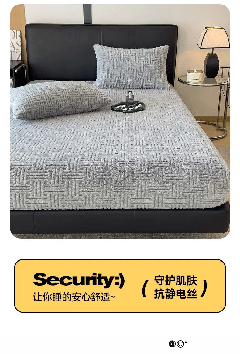Winter Embossed Plush Fitted Sheet Soft Warm Coral Velvet Mattress Protector Cover Queen Size Deep Pocket Elastic Bed Sheet Set
