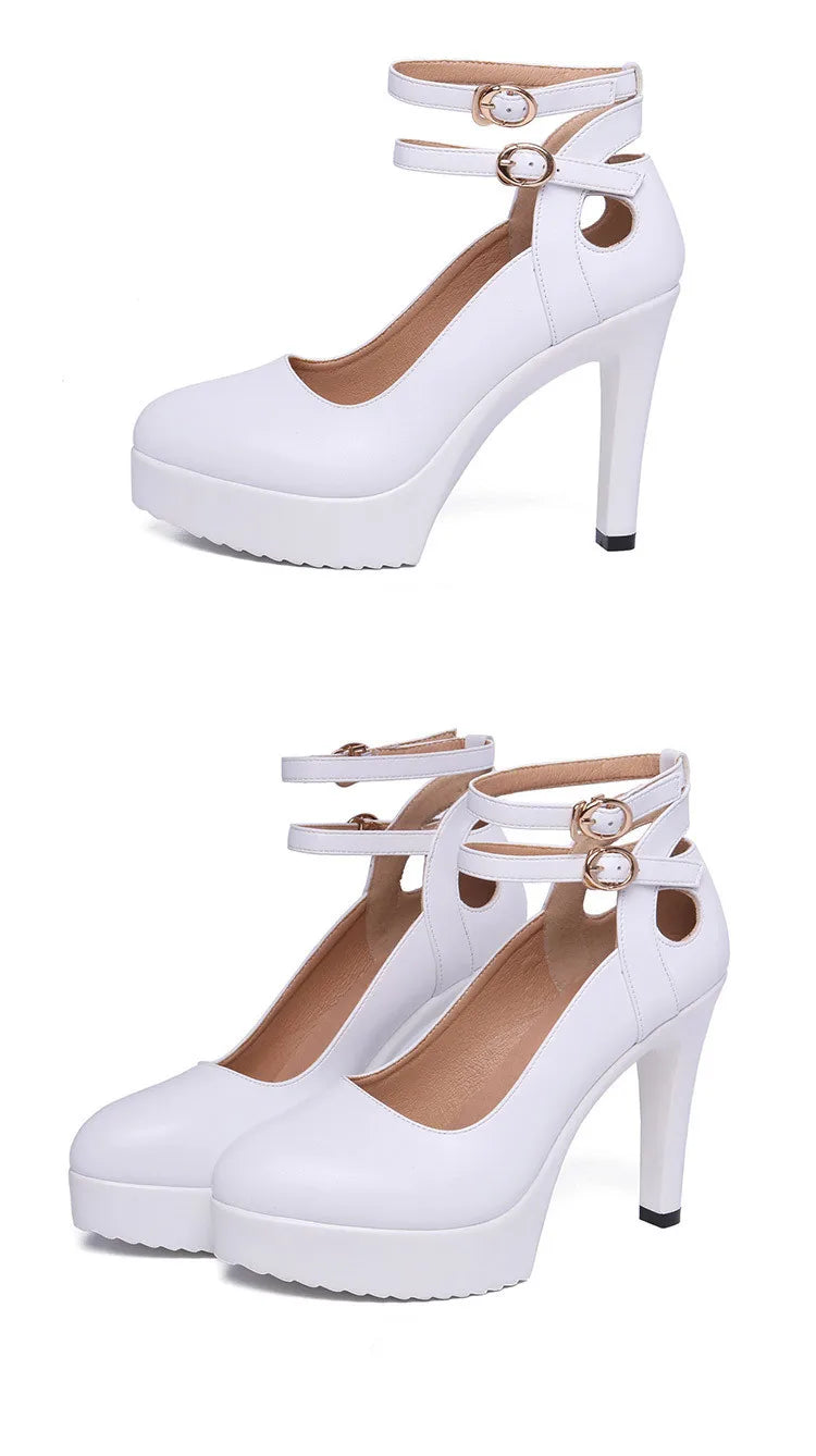11cm Small Size 32-43 Double Ankle Buckle Soft Leather Shoes Platform Pumps 2025 Block High Heels Shoes for Office Model Dress