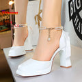 Square Toe Sandals Women 9CM Thick High Heel Summer Party Dress Shoes With White Bowknot Ankle Pearl Chain Platform Ladies Shoes