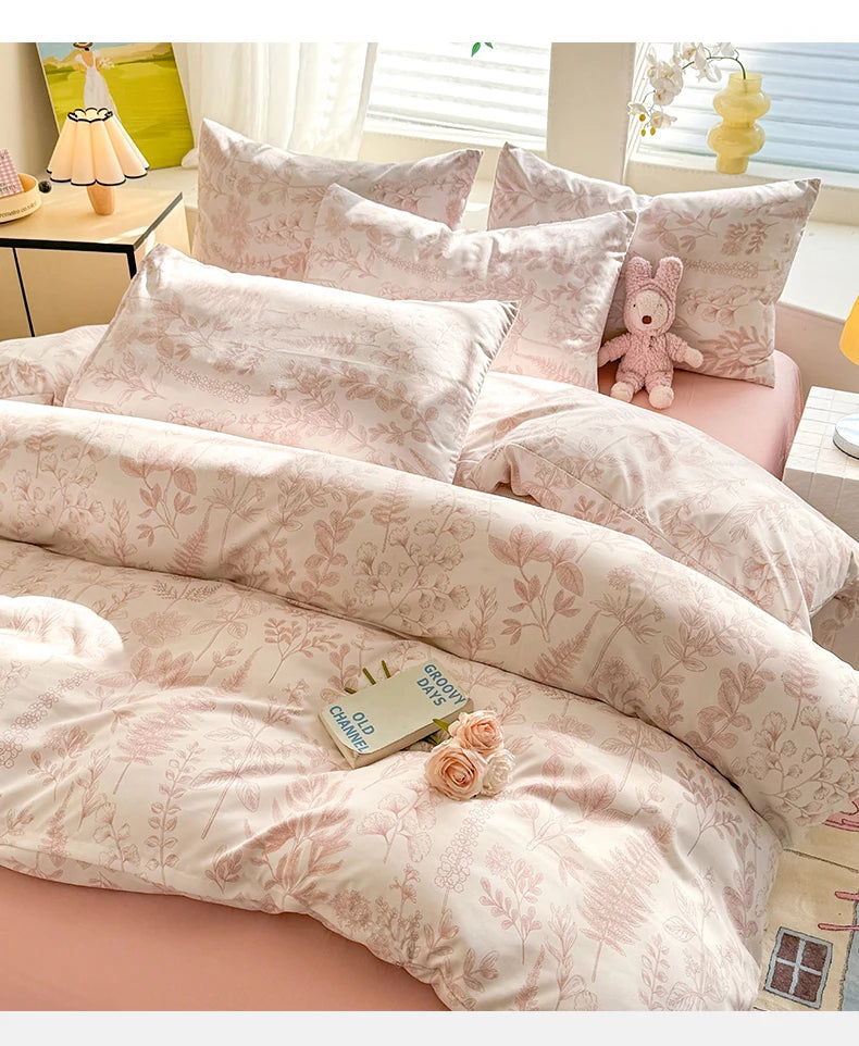 Bonenjoy Pink Flower Duvet Cover Sets Washed Polyester Super Soft Bed Cover Sets Single/Queen/King Quilt Cover with  Pillowcase