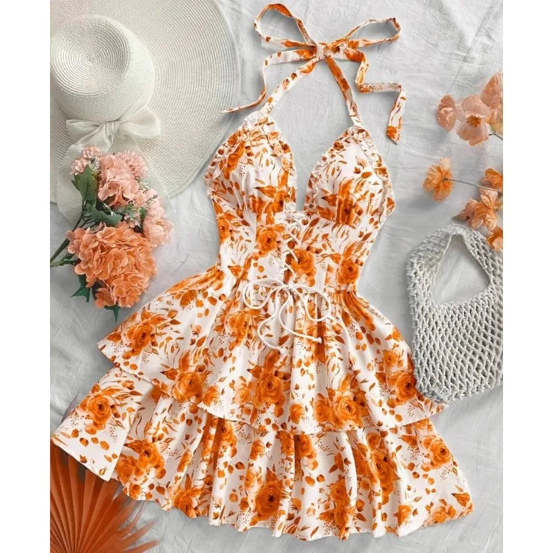Women Vacation Style Retro Short Dresses Fashion Watercolor Rose Print Halter Lace-up Ruffled Decorative Dress 2025 Sexy Vestido