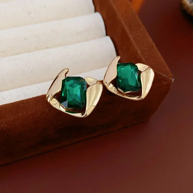 Green Fashion Wedding Jewelry Set Square Earring Retro Light Luxury Temperament Collarbone Chain Necklace
