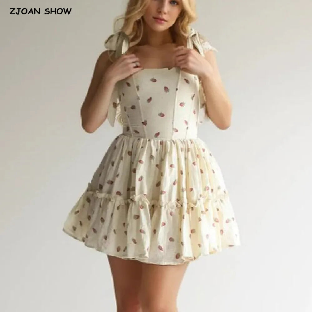 Women Sexy Beige Strawberry Tie Bow Strap Dress Cross Lacing Up Back Slim Waist Wood ears Swing Cake Mini Robe Vestidos