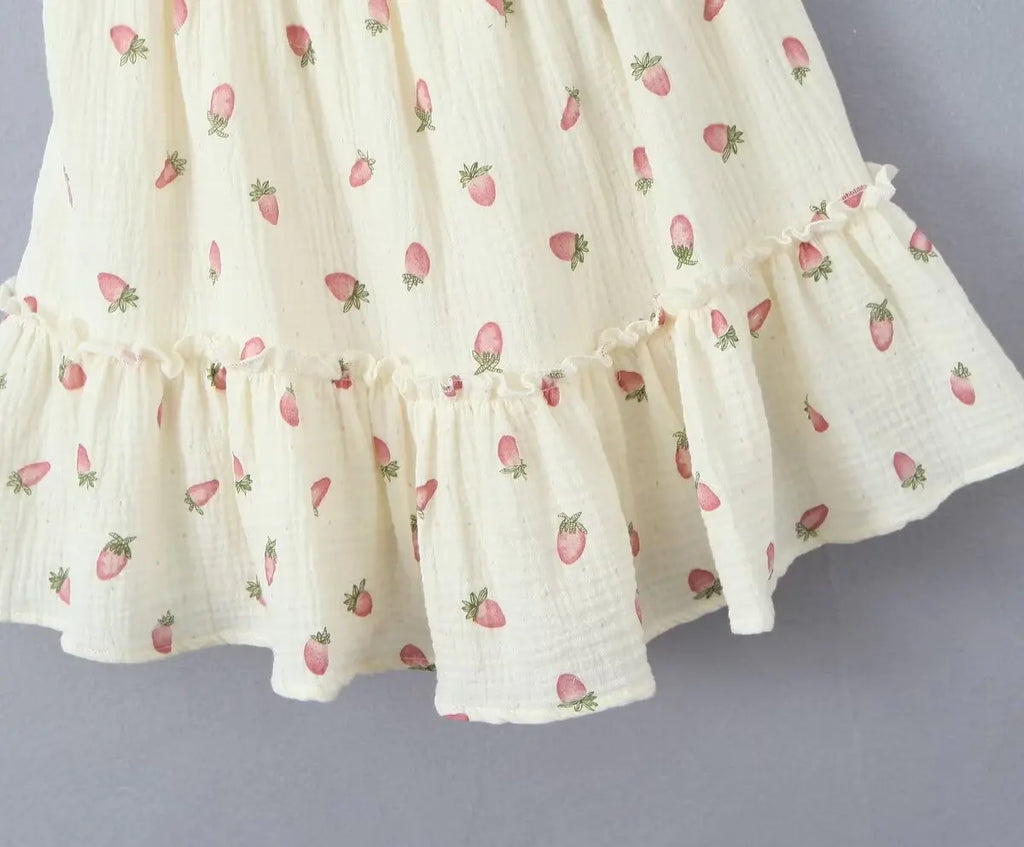 Women Sexy Beige Strawberry Tie Bow Strap Dress Cross Lacing Up Back Slim Waist Wood ears Swing Cake Mini Robe Vestidos