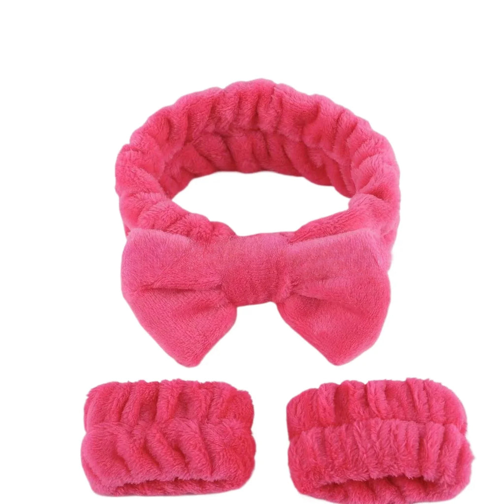 3Pcs Bow Headband Wristband Set Towel Elastic Soft Washing Face Shower Make Up Yoga Sports Skincare Headband for Women Girls