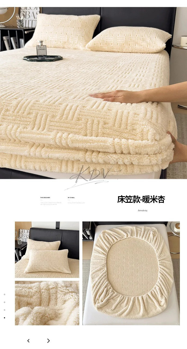 Winter Embossed Plush Fitted Sheet Soft Warm Coral Velvet Mattress Protector Cover Queen Size Deep Pocket Elastic Bed Sheet Set
