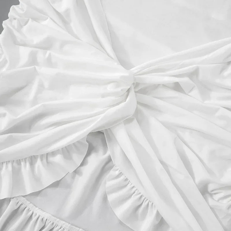 Ruched Bodycon Dress Women Sexy Long Sleeve Twist Ruffles Hem Mini Y2k Dresses Autumn White Elegant