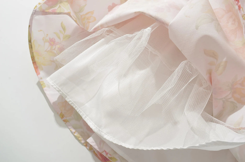 2024 Sexy Pink Flower Print V Collar Sling Dress Women Corset Style Low Waist Folds Hem Ball Gown Swing Mini Tank Robe