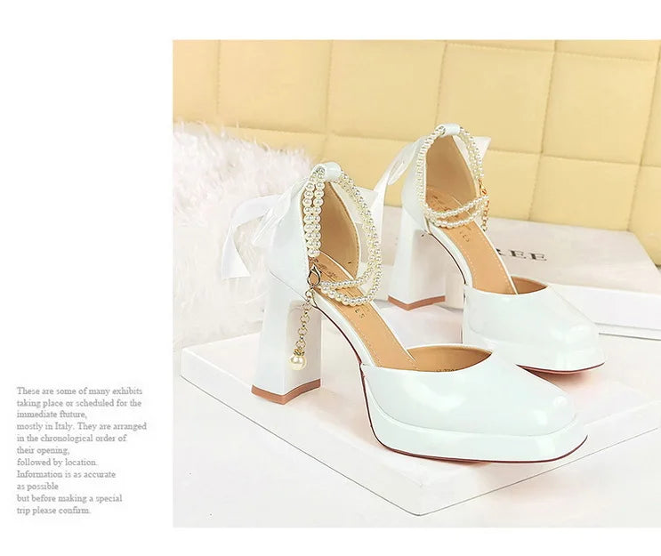 Square Toe Sandals Women 9CM Thick High Heel Summer Party Dress Shoes With White Bowknot Ankle Pearl Chain Platform Ladies Shoes